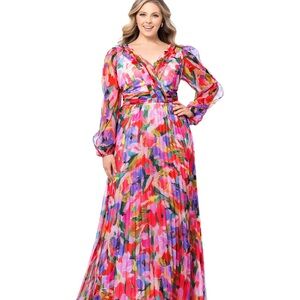 Betsy & Adam Floral Pleated Gown with Bishop Sleeves